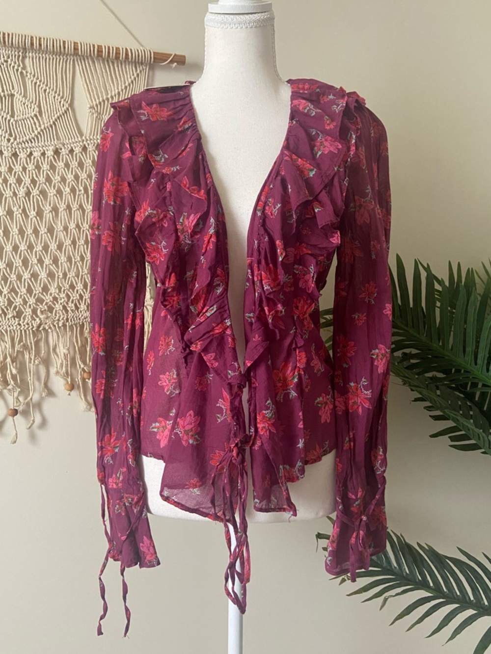 Free People Amanda Top S Ruffle Long Sleeve Sultry Combo Red Women’s NWT $108